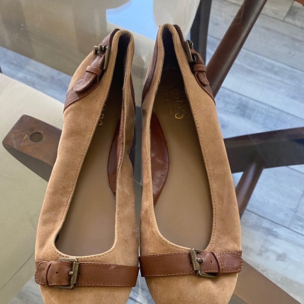 Chaps Tan Suede Ballet Flats with Leather Buckle